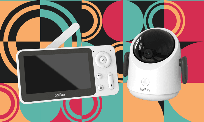 BOIFUN Baby 3SM babyalarm: håndholdt display med antenne til venstre og Wi-Fi-kameraet til højre