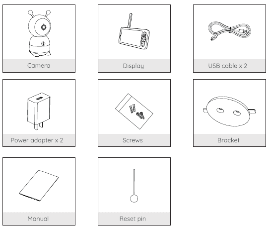 Indhold i æsken: kamera, skærm, USB-kabel x2, strømadapter x2, skruer, beslag, manual, nulstillingsnål