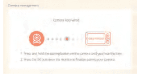 Skærm til kamerastyring, der viser 'Kameraet er ikke parret' med trinnene: hold parringsknappen på kameraet nede, og tryk derefter på OK på skærmen for at fuldføre parringen
