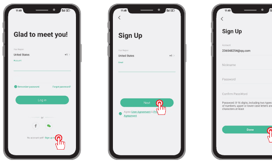 Tre app-skærme: Dejligt at møde dig-login, Tilmeld dig med e-mail, Tilmeld dig med kaldenavn og adgangskode