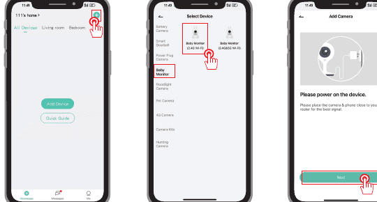 App-skærme: tryk på + for at tilføje enhed, Vælg enhed med Babyalarm fremhævet, Tilføj kamera-prompt om at tænde
