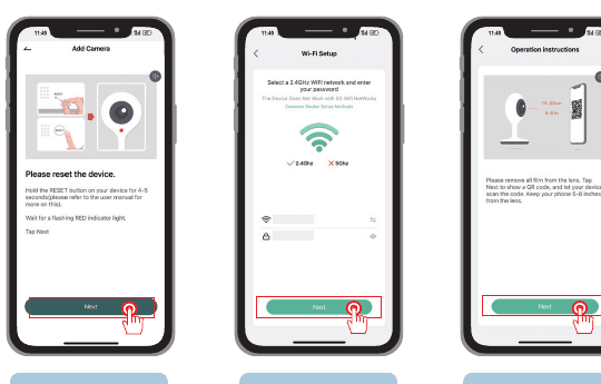App-skærme: nulstil enheden, Wi-Fi-opsætning med indtastning af adgangskode, vejledning til scanning af QR-kode