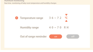 Skærmbillede for fugtighedsovervågning med temperaturinterval, fugtighedsinterval og knap til påmindelse uden for intervallet