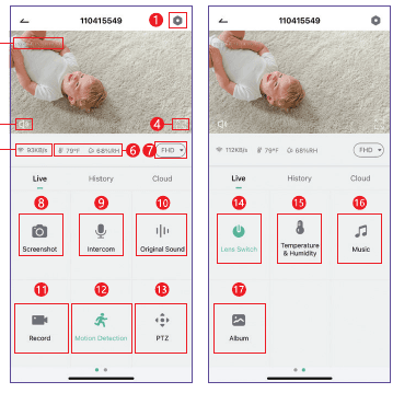 To app-skærme med livevisning og betjeningselementer nummereret 1-17