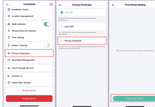 App-skærme: enhedsindstillinger, Beskyttelse af privatliv med Linse TIL/FRA og Tidsplan for privatliv, Indstilling af tidsrum