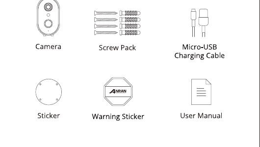 Package contents: camera, screw pack, Micro-USB charging cable, sticker, warning sticker and user manual