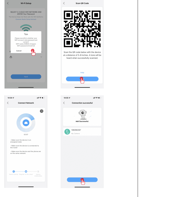 Pantallas de la aplicación: configuración del Wi-Fi con red y contraseña, Escanear código QR, progreso de Conectar red y Conexión correcta / Añadido correctamente