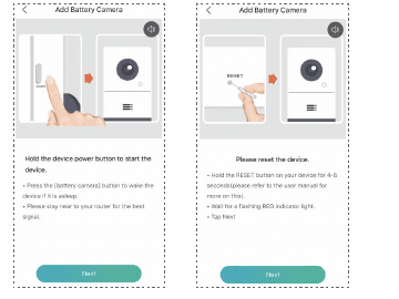 Add Battery Camera-skjermbilder: hold inne strømknappen for å starte, deretter tilbakestill enheten
