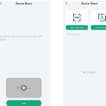 Device Share-skjermbilder med alternativene Scan QR Code og Enter Account