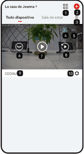 Pantalla de inicio de la app con los controles numerados