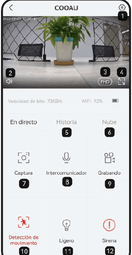 Pantalla de detalle de vista en directo con los controles numerados