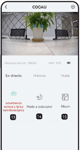 Controles adicionales de la vista en directo: alarma sonora y luminosa, modo a todo color, álbum