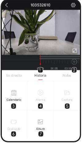 Pantalla de reproducción del historial con los controles numerados