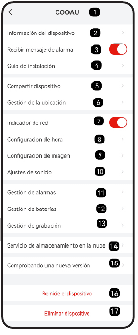 Menú de ajustes del dispositivo con los elementos numerados