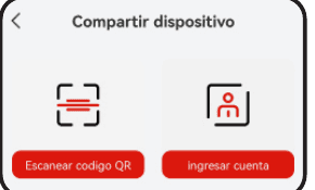 Pantalla de compartir dispositivo con las opciones Escanear código QR e Introducir cuenta