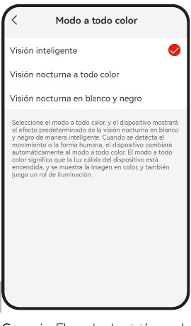 Pantalla de selección del modo de visión nocturna: inteligente, a todo color, blanco y negro