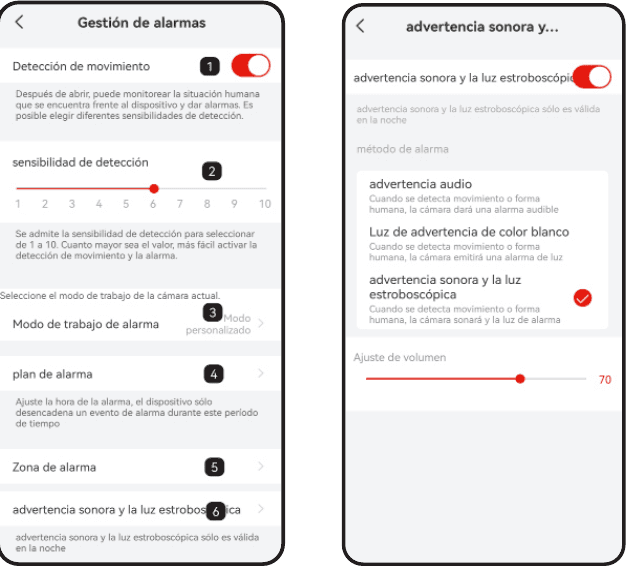 Pantalla de gestión de alarmas y pantalla de alarma sonora y estroboscópica con los elementos numerados