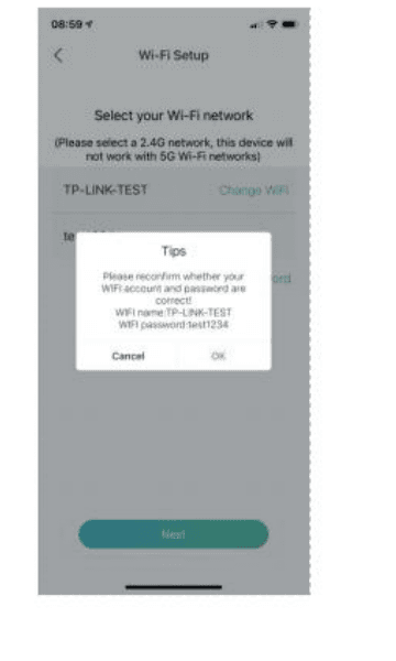 Skjermbildet for WiFi-oppsett som bekrefter WiFi-navnet og passordet