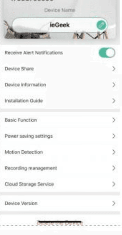Innstillingsmenyen for kameraet med Device Share, Device Information, Installation Guide og mer