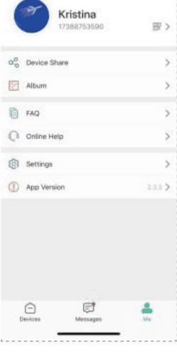Den personlige siden Me med Device Share, Album, FAQ, Online Help, Settings og App Version