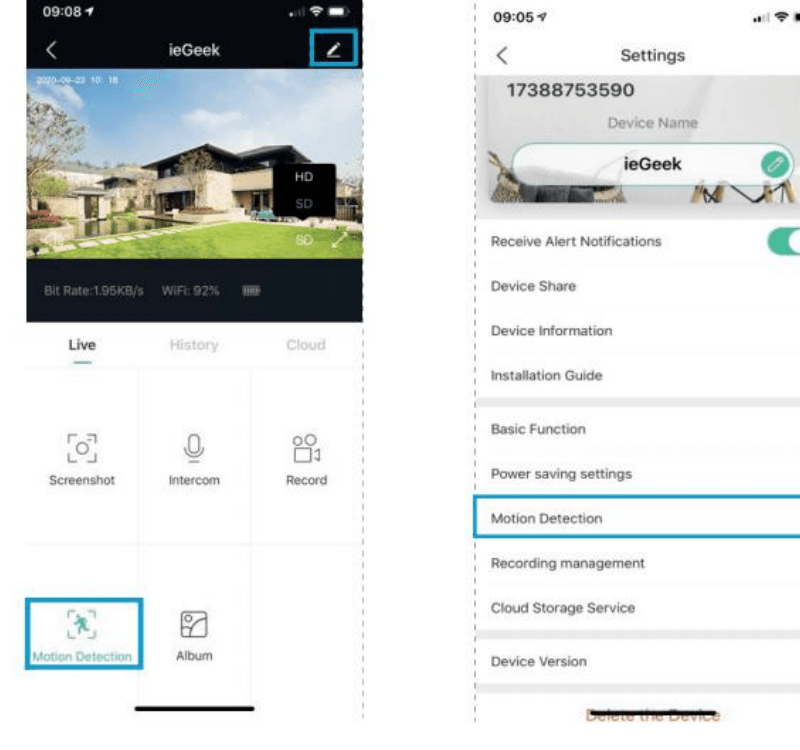 Skjermbildene for direktevisning og kamerainnstillinger med oppforingen Motion Detection uthevet