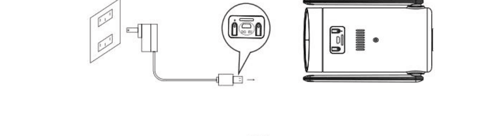 Lading av kameraet ved a koble USB-kabelen til porten og en 5V 2A-adapter til stikkontakten