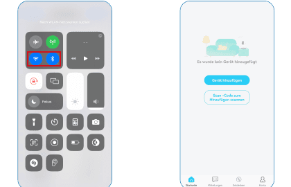 Centre de contrôle du téléphone avec Bluetooth activé et écran d'ajout d'appareil de l'application