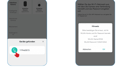 Choisissez le type de caméra sans fil et appuyez sur l'appareil trouvé