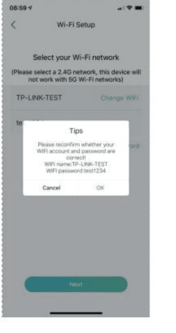 Wi-Fi Setup screen confirming the 2.4G network name and password