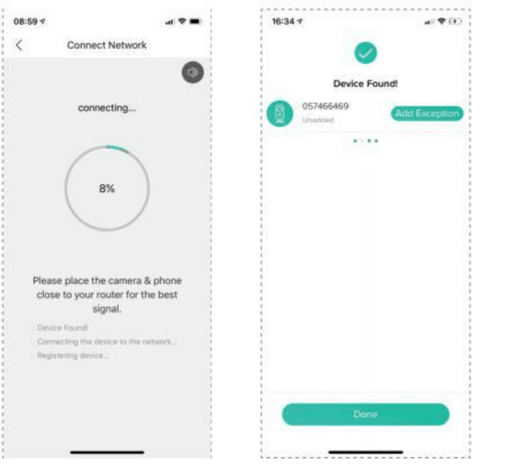 Connect Network progress screen and Device Found screen with the Done button