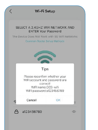 Wifi-oppsettskjerm med en dialogboks for å bekrefte 2,4 GHz-nettverksnavn og passord