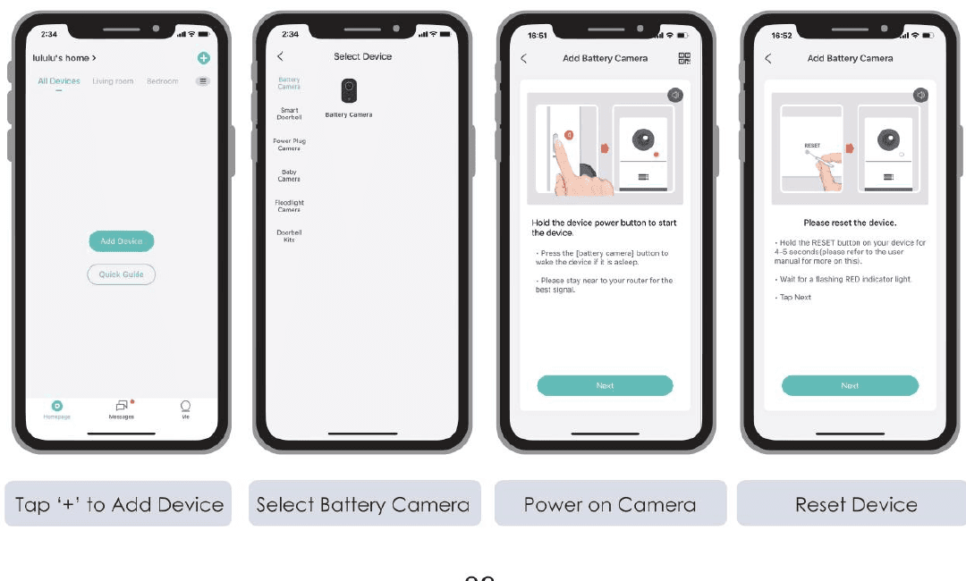 Pantallas de la app: añadir dispositivo, seleccionar cámara con batería, encender la cámara, restablecer el dispositivo