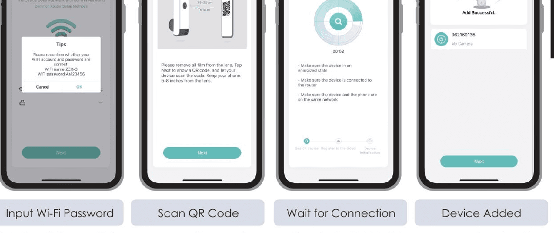 Pantallas de la app: introducir la contraseña del Wi-Fi, escanear el código QR, esperar la conexión, dispositivo añadido