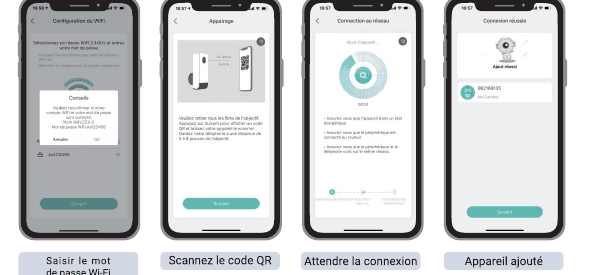 CloudEdge-appskjermer: skriv inn Wi-Fi-passordet, skann QR-koden, vent på tilkoblingen, enhet lagt til