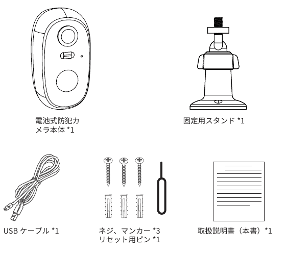 ieGeek ZS-GQ1 구성품: 배터리 보안 카메라 본체, 마운팅 스탠드, USB 케이블, 나사 및 앵커, 리셋 핀, 사용 설명서