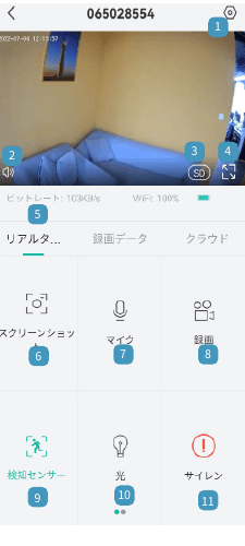 CloudEdge 라이브 뷰 화면（조작 버튼 1\~11번 표시）