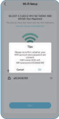 Pantalla de configuración del Wi-Fi con un cuadro de diálogo de consejos para confirmar el nombre y la contraseña del Wi-Fi