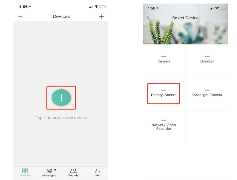 Pantalla de añadir dispositivo de CloudEdge y la lista de selección de dispositivos con Battery Camera resaltada