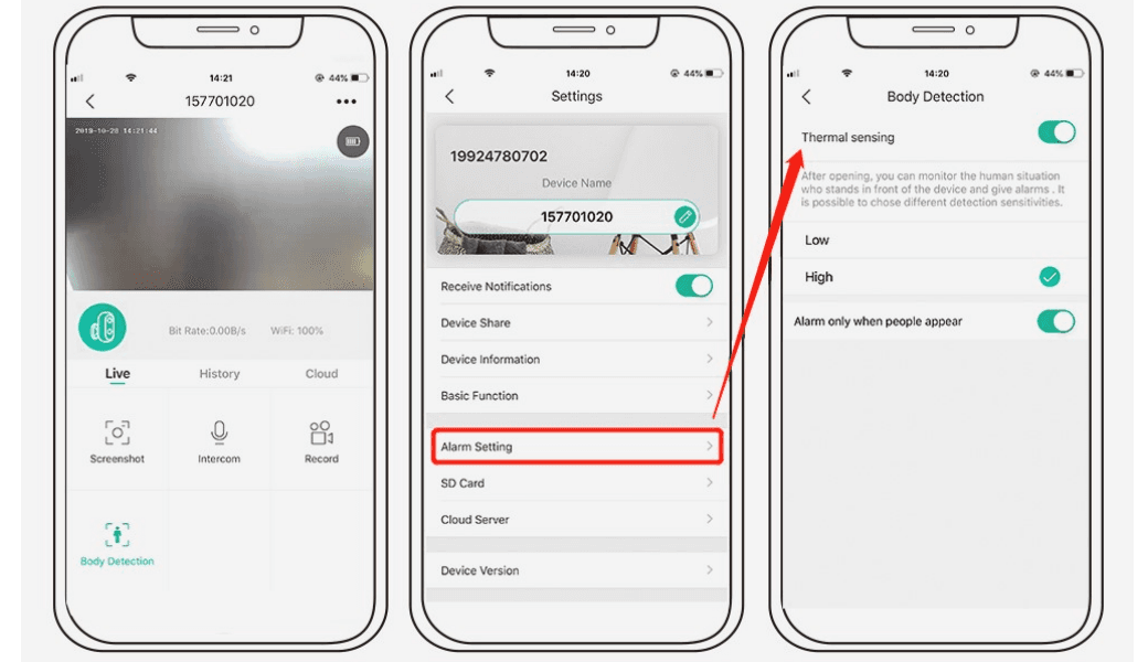 Vista en directo de CloudEdge, Ajustes con la Configuración de alarma resaltada y opciones de sensibilidad de la detección de cuerpos