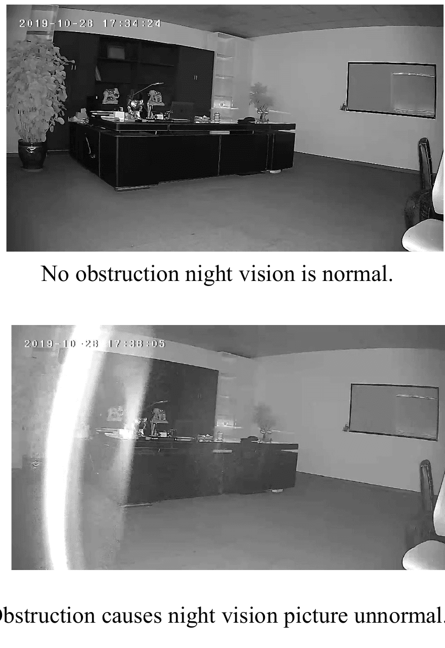 Comparación: visión nocturna normal sin obstáculos frente a una imagen anómala causada por un obstáculo cerca de la lente