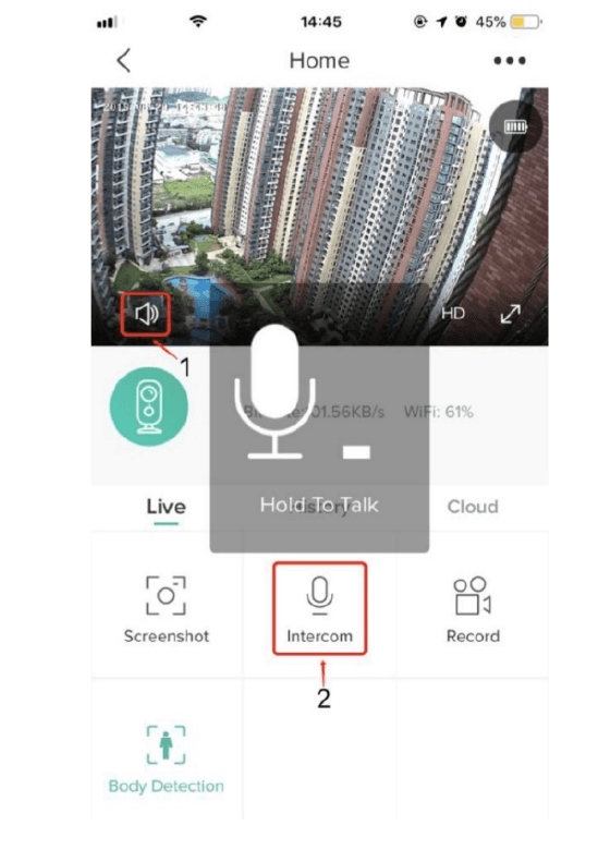 Vista en directo de CloudEdge que muestra el botón de audio (1) y el botón de intercomunicador Mantener pulsado para hablar (2)