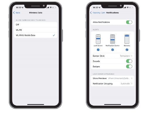 Telas do celular mostrando os Dados sem fio definidos como WLAN e Dados móveis e as Notificações ativadas para o Topcony Cam