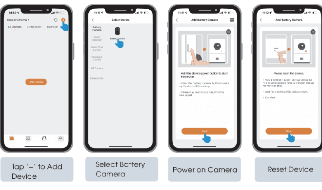 Etapas do aplicativo: tocar em + para adicionar dispositivo, selecionar Câmera com Bateria, ligar a câmera, reinicializar o dispositivo