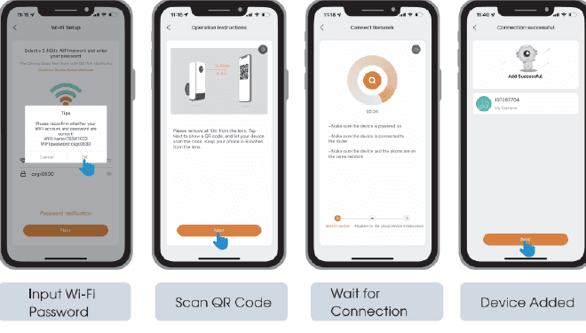 Etapas do aplicativo: inserir a senha do Wi-Fi, escanear o QR code, aguardar a conexão, dispositivo adicionado