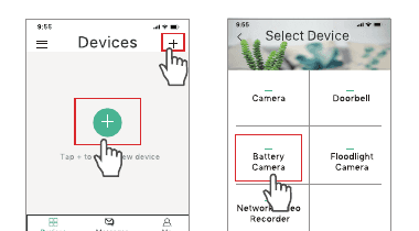 Tap plus on the Devices screen, then choose Battery Camera from Select Device
