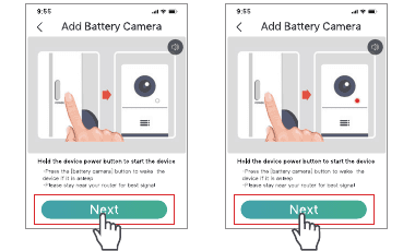 Add Battery Camera screen, hold the device power button to start the device then tap Next