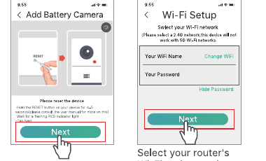 Reset the device screen and Wi-Fi Setup screen with WiFi name and password fields