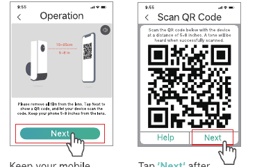 Operation screen and Scan QR Code screen for aligning the QR code with the camera lens