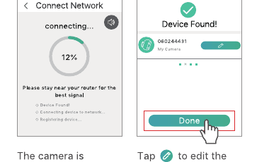 Connect Network progress screen and Device Found screen with Done button