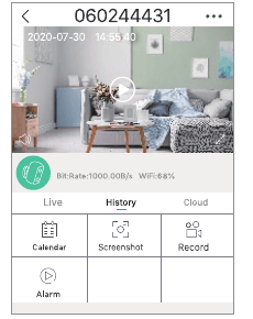 History playback screen with Calendar, Screenshot, Record and Alarm options
